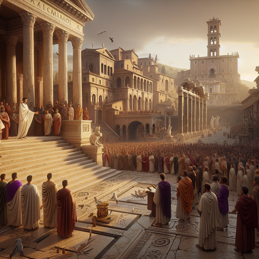 Roman senator in a flowing toga addressing citizens in the bustling Forum Romanum, bathed in warm golden sunlight and surrounded by majestic marble architecture, styled as a 1960s historical epic painting.