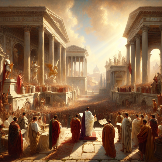 Roman senator addressing citizens and soldiers in the Roman Forum with majestic architecture and warm daylight, styled like a 1960s historical epic film painting.