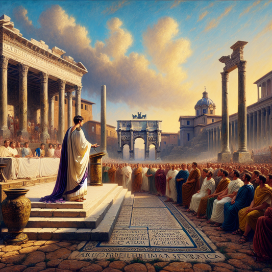 A Roman senator in a white toga addresses citizens and senators in the Roman Forum, framed by majestic marble columns and ancient temples under warm daylight, in a cinematic painting style of 1960s historical epics.