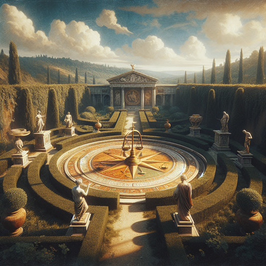 A serene ancient Roman garden featuring a compass rose design at the center, surrounded by sculptures symbolizing wisdom, courage, justice, and temperance under a bright blue sky with gentle sunlight.