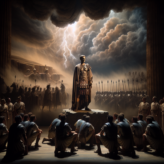 Roman general exuding calm amidst a chaotic storm, symbolizing peace in turmoil.