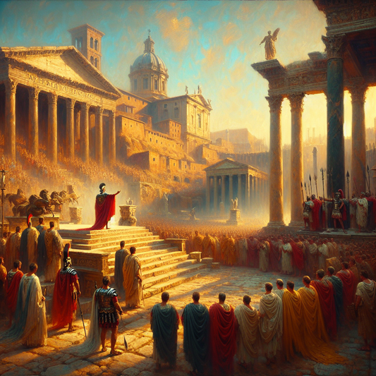 Roman general addressing senators and legionaries in the Roman forum, with Capitoline Hill temples in the background, styled like a classic 1960s historical epic painting.