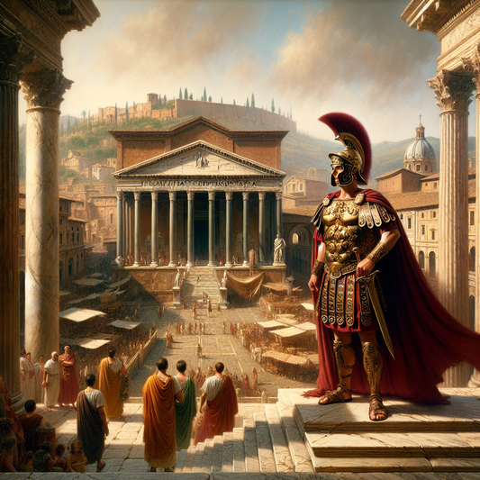 Roman general addressing senators and citizens in the bustling ancient Roman forum under warm golden sunlight, painted in the cinematic style of 1960s historical epics.