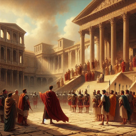 A heroic Roman general in lorica segmentata stands on marble steps in the Roman Forum, commanding legionaries under bright daylight, in the style of 1960s historical epic films.
