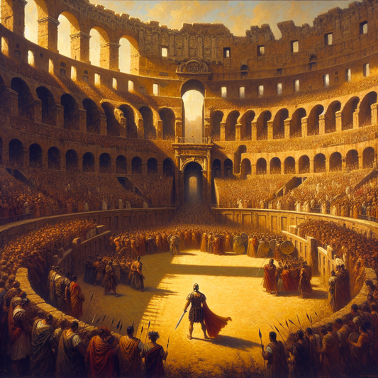 Fearsome Roman gladiator in the Colosseum arena, poised with sword and shield, surrounded by roaring spectators and iconic arches, in a cinematic style inspired by 1960s historical epics.