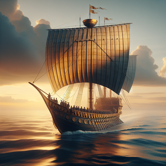 A majestic Roman ship sailing on calm blue waters at sunset with sailors attending rigging, painted in a 1960s Roman historical epic style.
