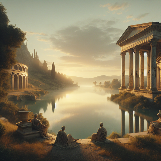 Serene calm lake at dawn surrounded by ancient Roman architecture blending with nature, evoking stoic peace and timeless wisdom in a 1960s historical epic painting style.
