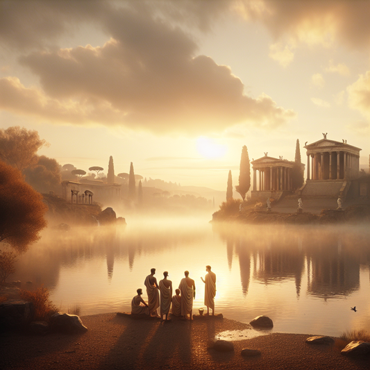 A serene Roman lake at dawn with distant marble structures symbolizing Stoicism's depth, inspired by classic 1960s historical films.