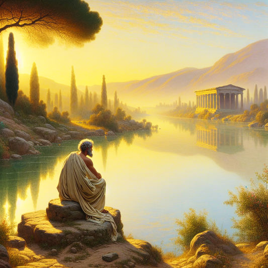 A calm Roman lake at sunrise with gentle ripples reflecting soft pastel colors, a philosopher in toga gazes thoughtfully by the water, evoking tranquility and Stoic philosophy in a cinematic 1960s painting style.