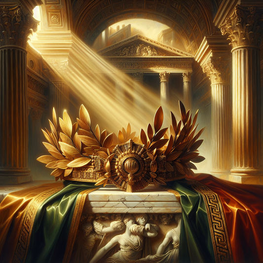 A classic Roman laurel wreath crown resting on traditional jewelry with ancient Roman architecture in the warm background, rendered in a painterly 1960s historical epic style.