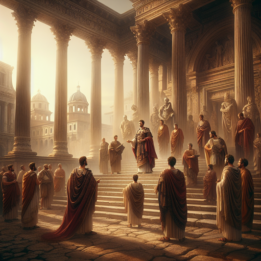 Roman leader confidently standing on marble steps addressing senators in Roman Forum, inspired by Shakespeare's Julius Caesar and 1960s historical epics.