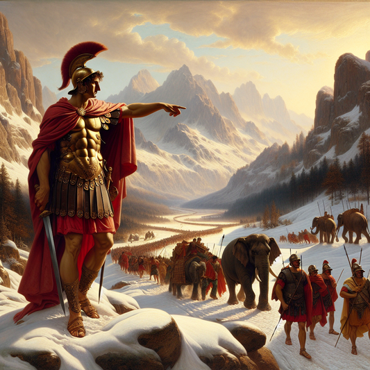 Roman legionnaires and war elephants crossing snow-covered Alpine mountain peaks during the Second Punic War, in a cinematic 1960s historical epic style painting.