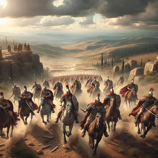 Roman legionaries charging fiercely on horseback across a misty battlefield with banners waving under a dramatic sky, rendered in a cinematic 1960s historical epic painting style.