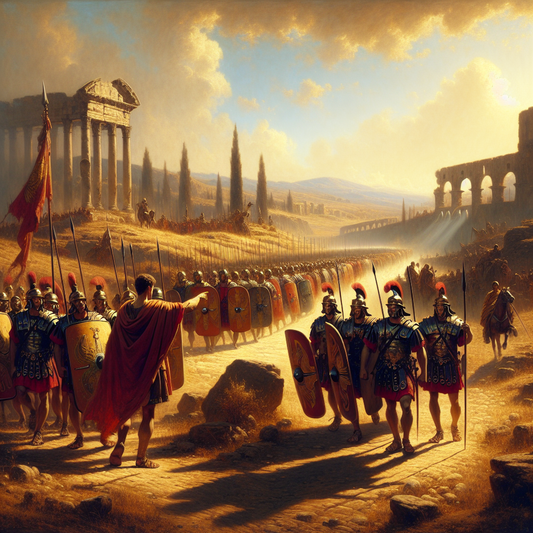Roman legionaries marching in disciplined formation under Roman flags across an ancient landscape with aqueduct and Roman architecture, styled as a 1960s historical epic painting.