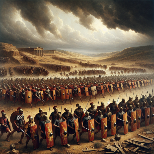 Disciplined Roman legionaries advancing in perfect testudo formation under a stormy sky on an ancient battlefield, captured in the style of classic 1960s historical epic films.