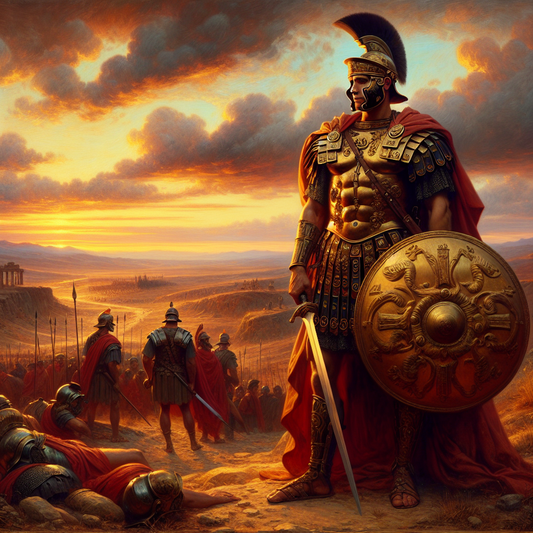 A Roman legionary in lorica segmentata armor stands heroically on an ancient battlefield at sunset, holding a curved scutum shield with a gladius at his side, embodying strength and legacy in a 1960s historical epic style.