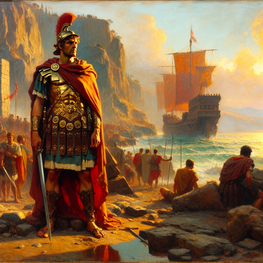 A rugged Roman legionary stands on a rocky shore near a Roman longship under a golden sky, in a painterly style resembling 1960s historical epics.