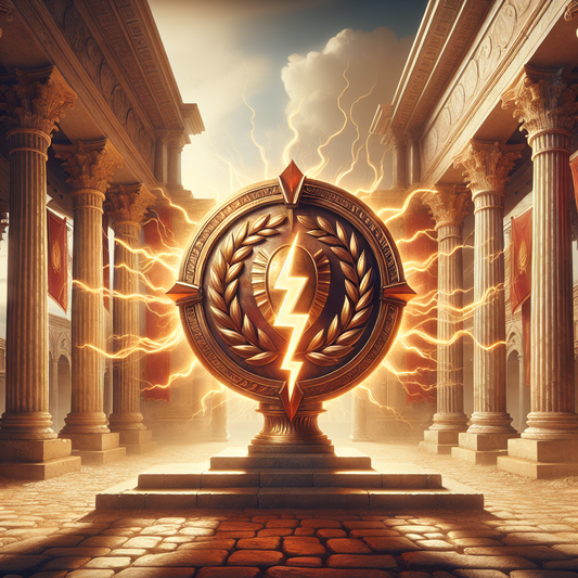 Roman legionary shield with glowing lightning bolts overlay, set against ancient Roman classical columns and laurel wreaths, evoking strength and Stoic wisdom in a cinematic historical painting style.