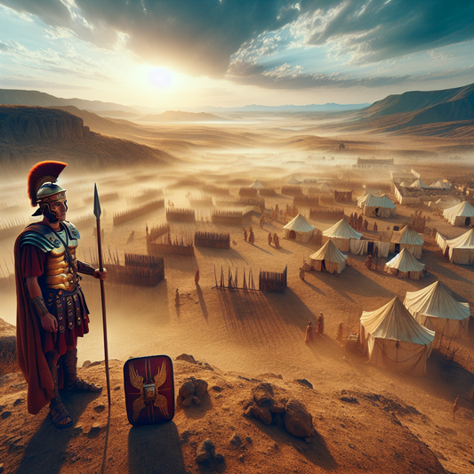 A Roman legionary wearing lorica segmentata armor stands vigil on a dusty plain under a bright blue sky, holding spear and shield with a Roman military camp and tents visible in the background in a cinematic 1960s epic painting style.