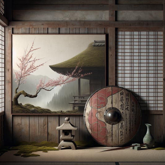 A minimalist image showing a Roman legionnaire shield beside cherry blossoms and a stone lantern with Viking runes, with a subtle Japanese dragon silhouette in soft morning mist — elegant and culturally harmonious.