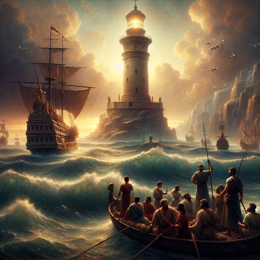 A Roman lighthouse guiding ships through a storm, symbolizing wisdom through chaos.