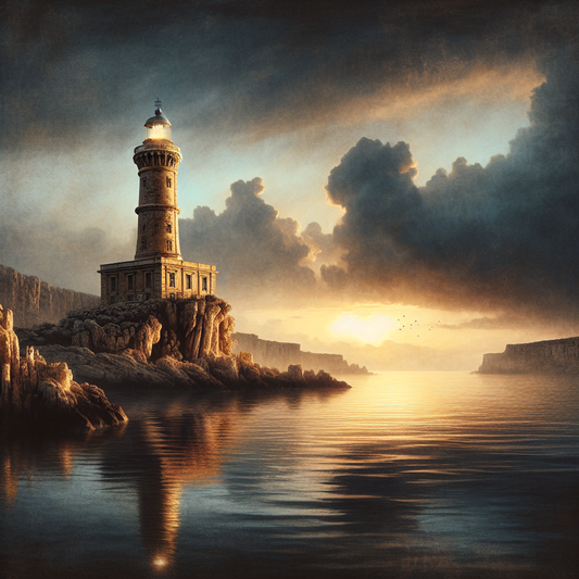 A serene Roman-style lighthouse on a rocky coast at dusk under a stormy sky, symbolizing resilience with warm golden and deep blue tones in a cinematic historical painting style.