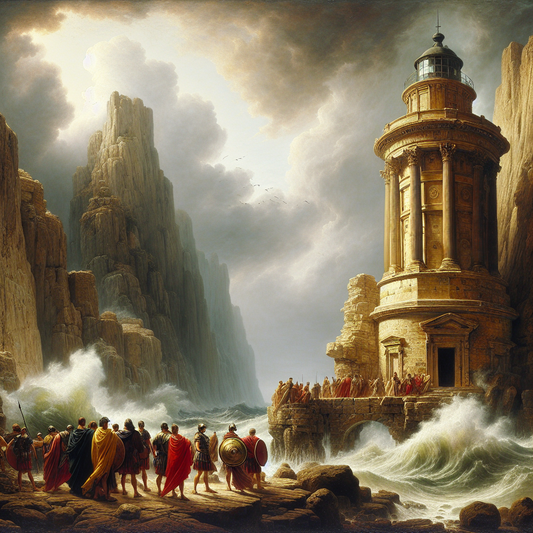 Roman lighthouse standing firm on rocky coast against stormy sea and cloudy sky, with soldiers symbolizing resilience, painted in style of 1960s historical epics.