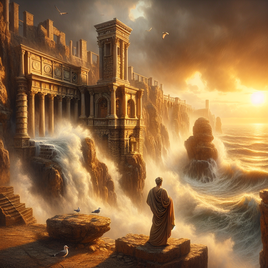 Roman-style lighthouse standing firm on a rocky coast at sunset with stormy waves crashing, featuring a philosopher in a toga symbolizing Stoic steadfastness and clarity.