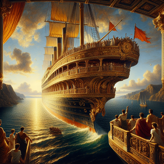 Luxury Roman cruise ship sailing on calm Mediterranean blue waters under clear skies with passengers enjoying panoramic deck views styled as a 1960s historical epic painting.