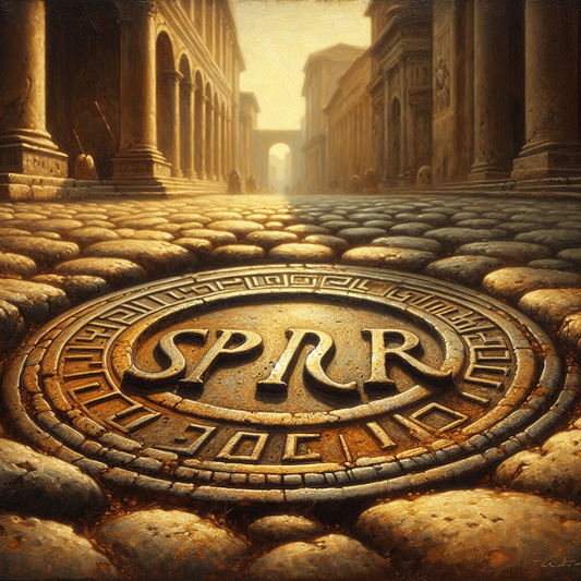 Close-up of a weathered Roman manhole cover with SPQR inscription on textured stone street, historic arches and columns blurred in bright daylight background.