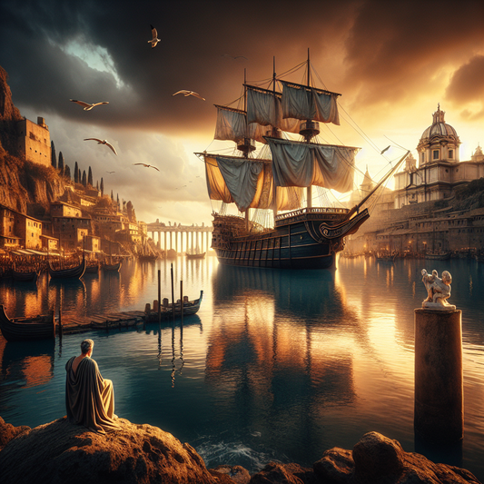 Roman merchant ship in a tranquil harbor, symbolizing stoic calm amidst chaos, in a cinematic style.
