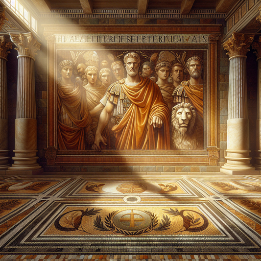 Roman mosaic featuring detailed portraits of Germanicus Julius Caesar and Gaius Julius Caesar surrounded by laurel wreaths, imperial insignia, and ancient scrolls in rich historical colors.