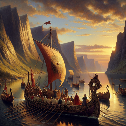 A majestic Roman ship sailing calm northern waters at sunset surrounded by towering cliffs and clear skies in a cinematic painting style inspired by 1960s historical epics.