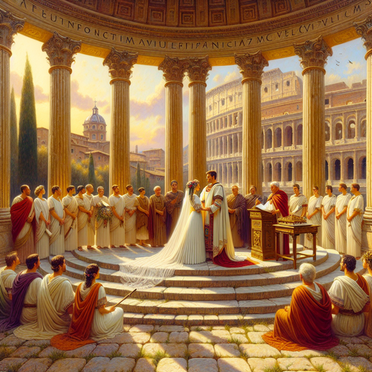 Roman noble couple during a traditional marriage ceremony in a villa courtyard with the Colosseum visible in the distance, styled as a 1960s historical epic painting.
