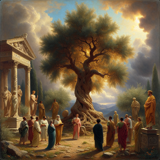 A tall oak tree stands resilient amidst a gentle storm in an ancient Roman garden, surrounded by toga-clad citizens and subtle Christian symbols, painted in a warm and serene cinematic style.