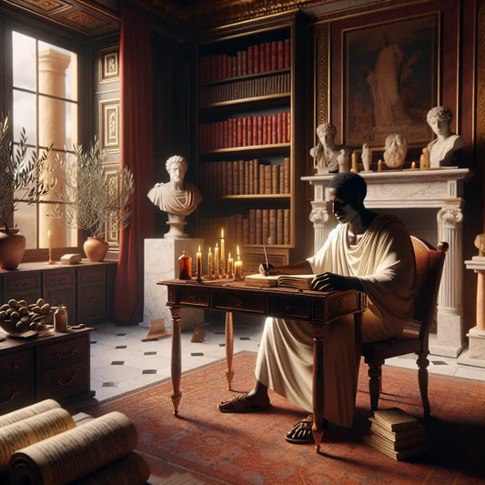Ancient Roman philosopher in a candlelit study writing letters, surrounded by scrolls and Stoic symbols, painted in the style of 1960s Roman historical epics.