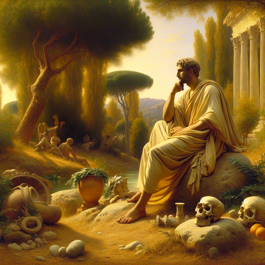 Roman philosopher in serene garden setting thoughtfully contemplating mortality surrounded by laurel wreath and skull, rendered in 1960s cinematic historical style.