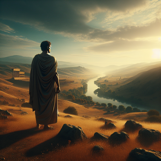 A Roman philosopher in a simple toga calmly observing a flowing river at sunset, embodying Stoic principles of emotional control, painted in the style of 1960s historical epics.
