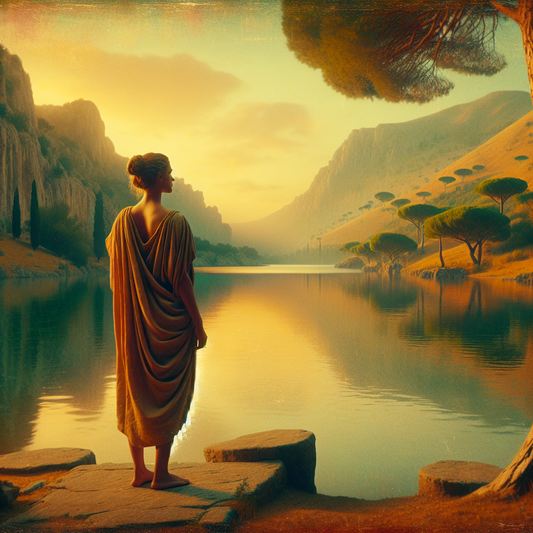 Roman philosopher reflecting by a serene lake, in the style of classic 1960s historical epics.