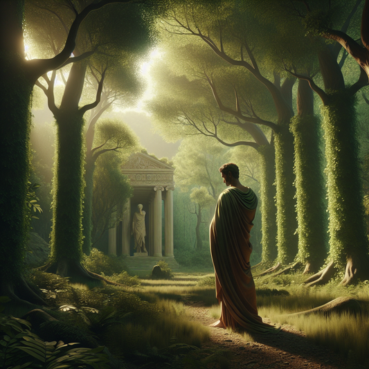 An ancient Roman philosopher in a toga stands contemplatively in a lush green forest, symbolizing wisdom and balance.