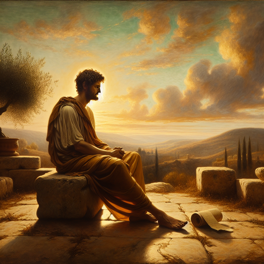 Roman philosopher meditating calmly outdoors in a serene natural landscape, embodying Stoic philosophy and mindful control, styled after classic 1960s Roman historical epics.