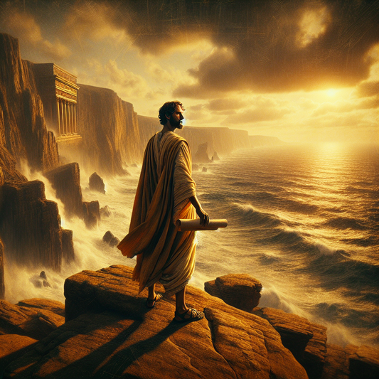 A Roman philosopher stands on a cliff overlooking the ocean, deep in thought, in the style of a 1960s historical epic.