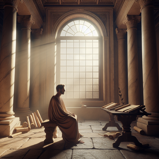 A calm Roman philosopher meditates in a softly lit ancient study surrounded by scrolls and a laurel wreath, embodying Stoic wisdom and tranquility in a 1960s epic film style.