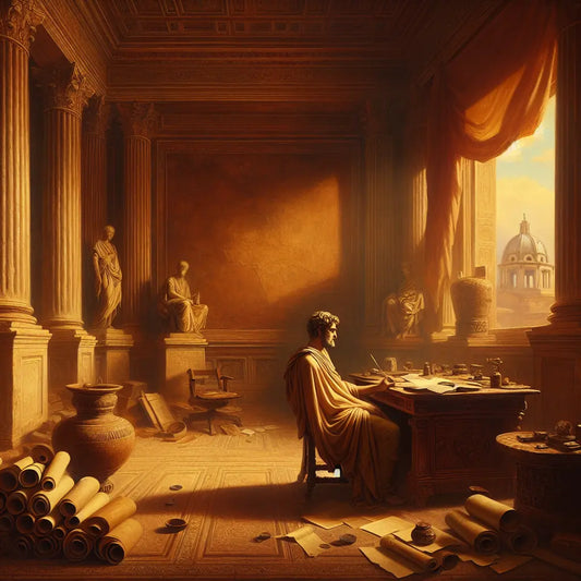 An ancient Roman philosopher in a toga seated thoughtfully at a scroll-covered desk in a classical study room bathed in warm sunlight, reminiscent of 1960s historical epic paintings.