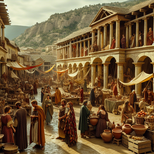Roman provincial market scene blending traditional Roman and Bavarian clothing, with diverse townspeople amid colorful paint swatches symbolizing language learning and cultural connection, rendered in a cinematic 1960s historical epic painting style.