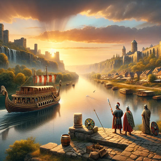 A majestic river scene at sunset featuring a sleek Viking-style river cruise ship gliding past lush European riverside villages and historic castles, depicted in a 1960s Roman historical epic painting style.