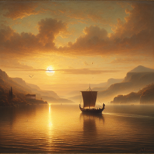 A small Roman sailboat navigating calm sea waters at dawn with warm soft colors, symbolizing stoic calmness amidst nature's chaos in a cinematic 1960s epic painting style.