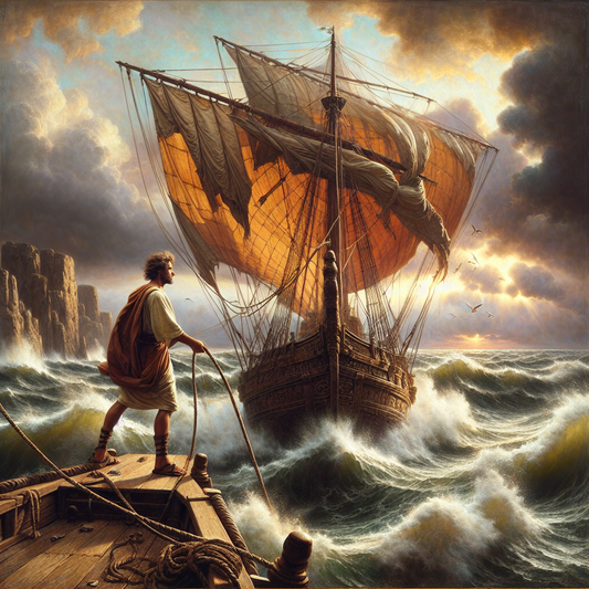 A Roman sailor calmly adjusting sails on a wooden ship amid a turbulent stormy sea, embodying control and philosophical calm inspired by Stoicism.