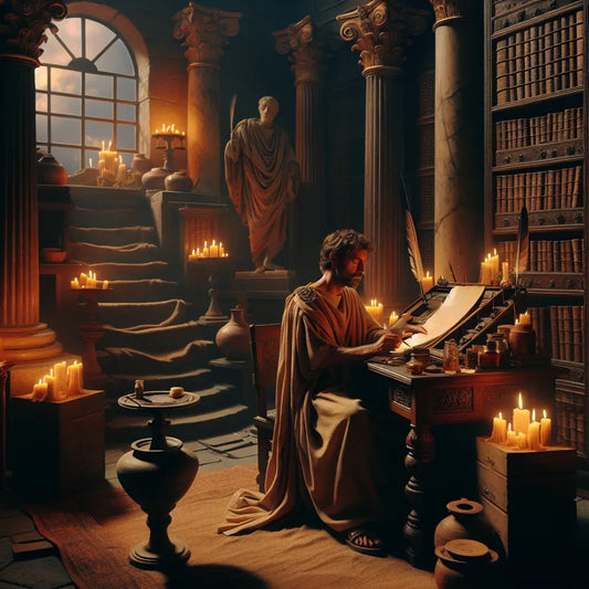 Ancient Roman scholar writing letters by candlelight in a tranquil study, surrounded by scrolls and symbols of Stoic wisdom, painted in a warm, cinematic style.