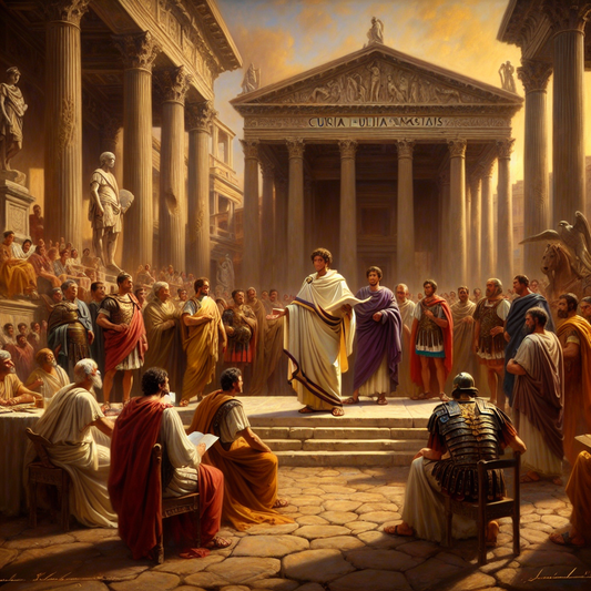 Roman senator addressing citizens and legionaries in the Roman Forum, surrounded by marble columns and arches under warm daylight.